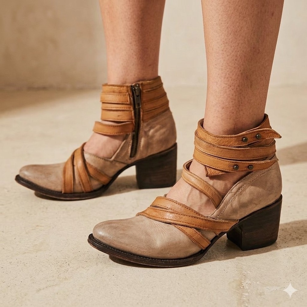 Freebird‎ by Steven FB-GRIND Leather Strappy Ankle Boots Tan Beige Womens 6